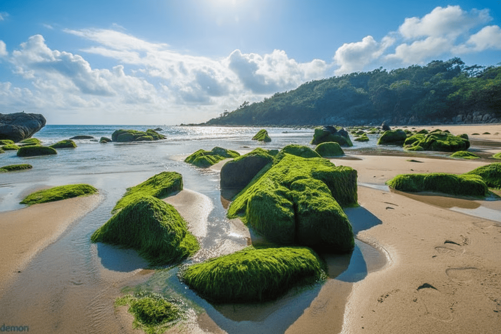 Đặc trưng của bãi biển Nam Ô là những rạn đá lớn nhỏ được phủ đầy rêu xanh.